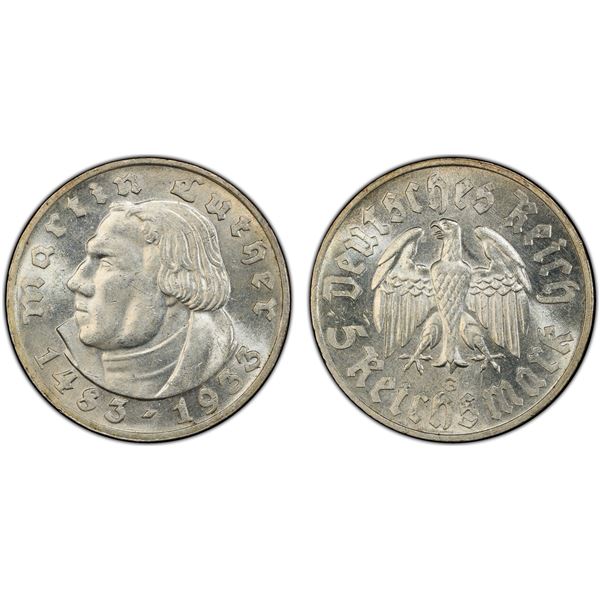 GERMANY: Third Reich, AR 5 reichsmark, Karlsruhe, 1933-G, PCGS MS63