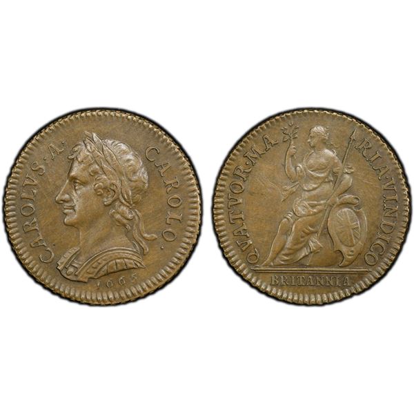 ENGLAND: Charles II, 1660-1685, AE farthing, 1665, PCGS Proof 62 Brown