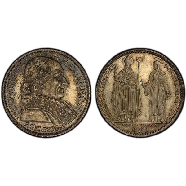 PAPAL STATES: Pius VIII, 1830-1831, AR 30 baiocchi (testone), 1830 year II, PCGS MS64