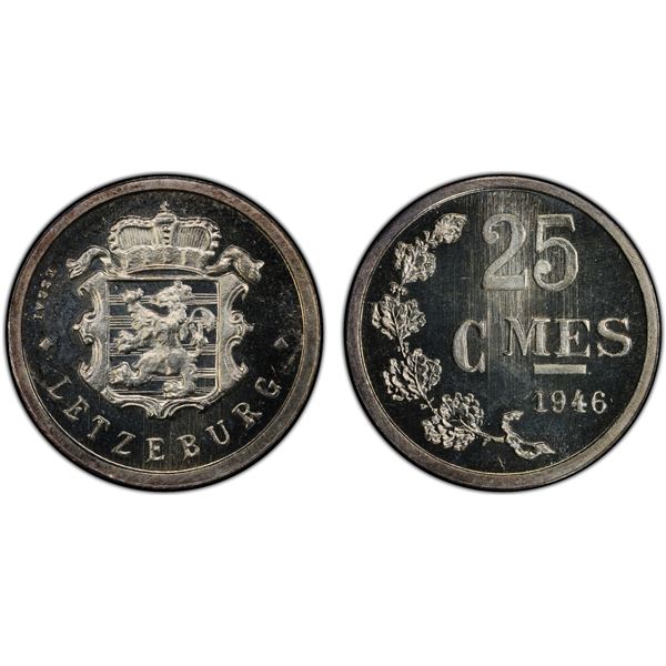 LUXEMBOURG: Charlotte, 1919-1964, AR 25 centimes, 1946, PCGS Specimen 67