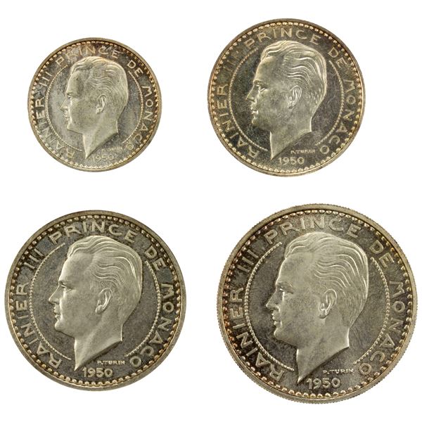 MONACO: Rainier III, 1949-2005, AR 4-coin specimen set, 1950