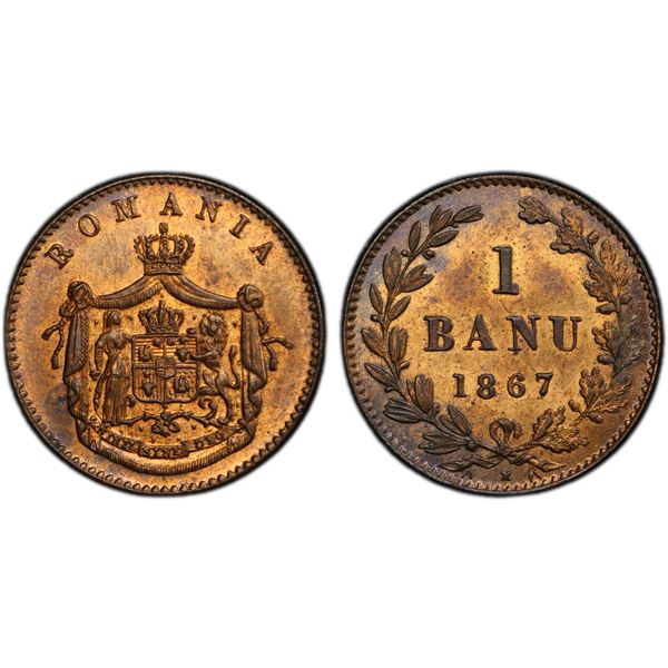 ROMANIA: Carol I, as Prince, 1866-1881, AE banu, 1867-H, PCGS Specimen 64 RB