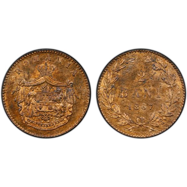 ROMANIA: Carol I, as Prince, 1866-1881, AE 2 bani, 1867-H, PCGS Specimen 64 RB