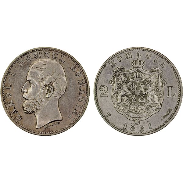 ROMANIA: Carol I, as Prince, 1866-1881, AR 2 lei, 1881, Choice XF