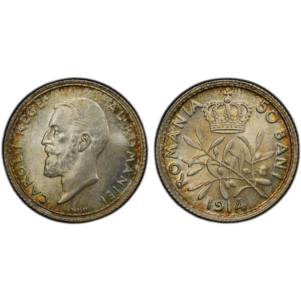 ROMANIA: Carol I, 1881-1914, AR 50 bani, Brussels, 1914, PCGS MS66