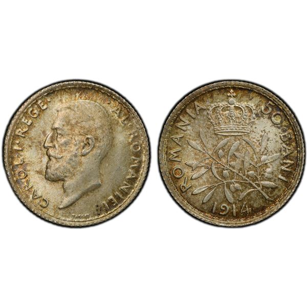 ROMANIA: Carol I, 1881-1914, AR 50 bani, Brussels, 1914, PCGS MS65