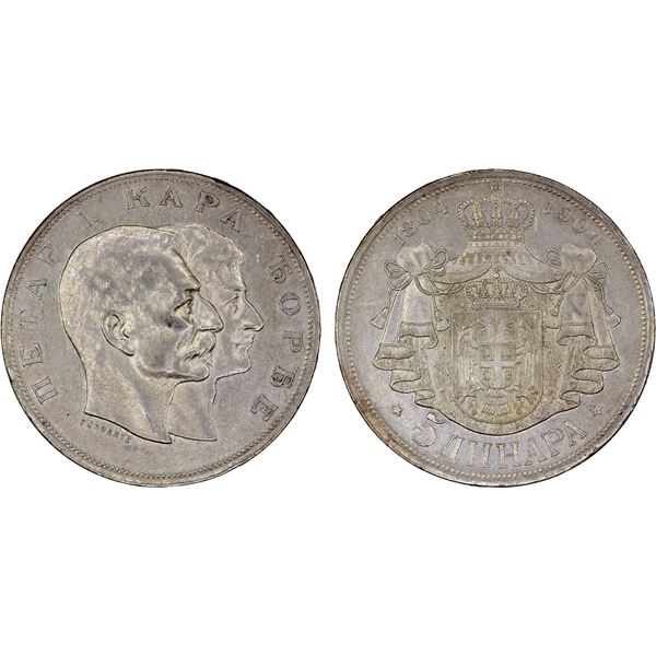 SERBIA: Peter I, 1903-1918, AR 5 dinara, 1904, AU