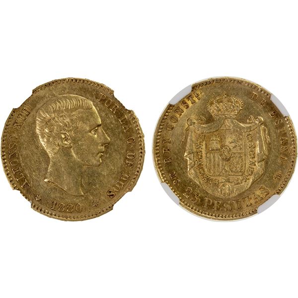 SPAIN: Alfonso XII, 1874-1885, AV 25 pesetas, 1880 (80), NGC AU53