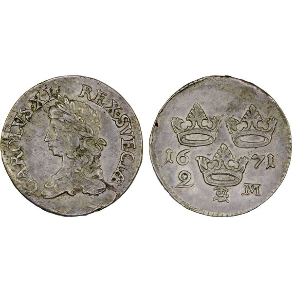 SWEDEN: Karl XI, 1660-1697, AR 2 mark, 1671, XF-AU