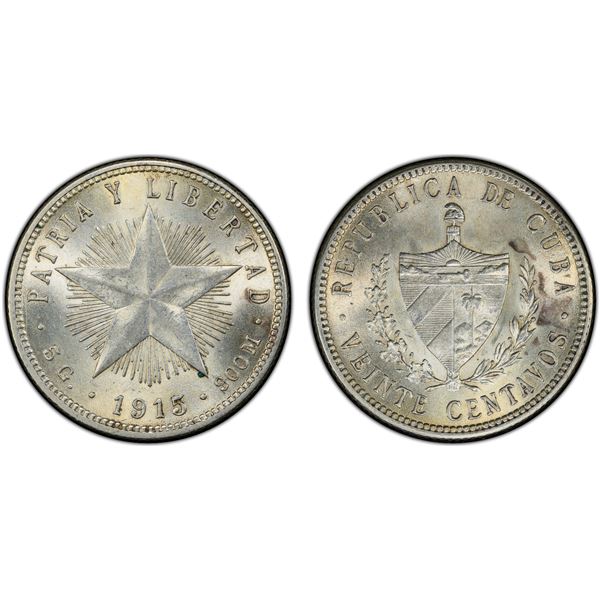 CUBA: Republic, AR 20 centavos, 1915, PCGS MS64