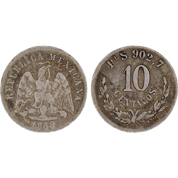 MEXICO: Republic, AR 10 centavos, 1869/8-Pi, VF