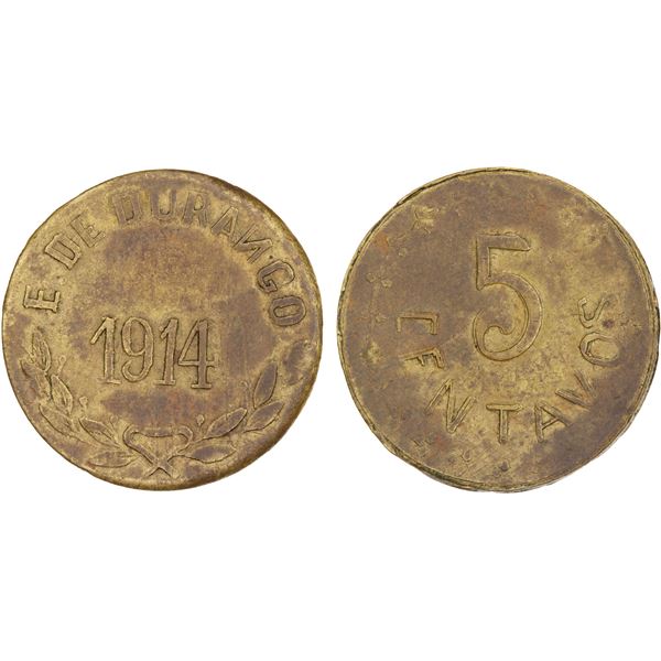 MEXICO: Revolutionary Issue, brass 5 centavos, Durango, 1914, XF-AU