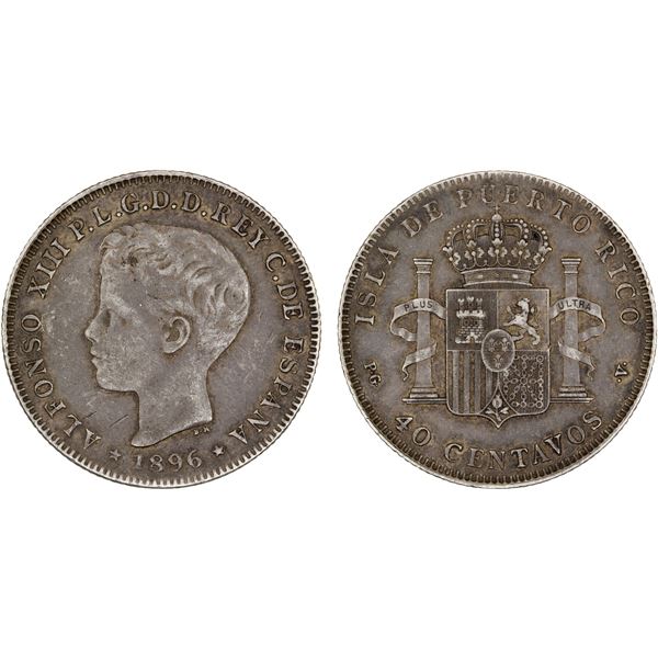 PUERTO RICO: Alfonso XIII, 1886-1931, AR 40 centavos, 1896, Choice VF