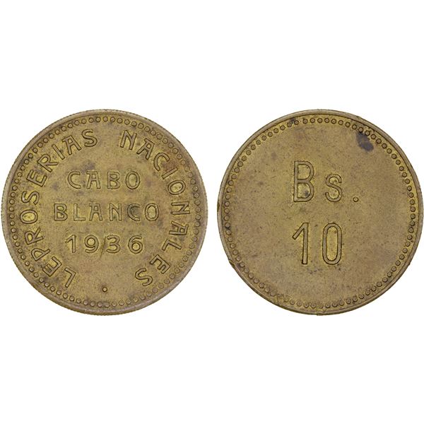 VENEZUELA: Leprosarium Coinage, brass 10 bolivares, 1936, Choice XF