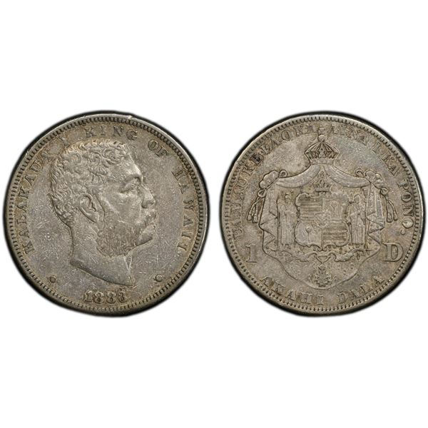 HAWAII: Kalakaua, 1874-1891, AR dollar, 1883, PCGS AU50