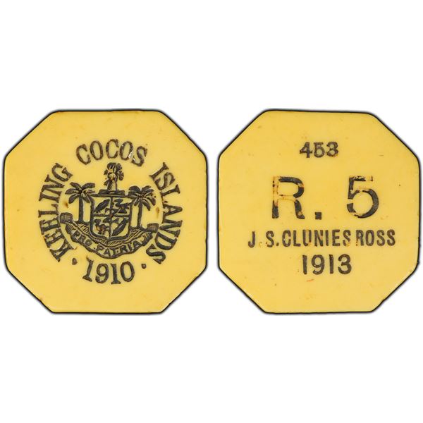 KEELING-COCOS ISLANDS: J. S. Clunies-Ross, 1910-1944, 5 rupees, 1913, PCGS AU55