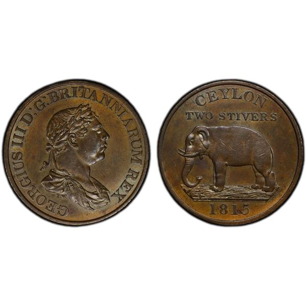 CEYLON: George III, 1760-1820, AE 2 stivers, 1815, PCGS MS63 BN