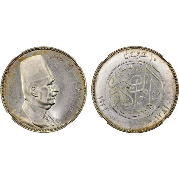 EGYPT: Fuad I, as King, 1922-1936, AR 10 piastres, 1923-H/AH1341, NGC MS62