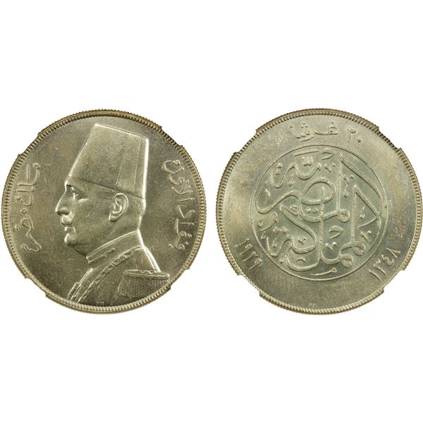 EGYPT: Fuad I, as King, 1922-1936, AR 20 piastres, 1929/AH1348, NGC MS62