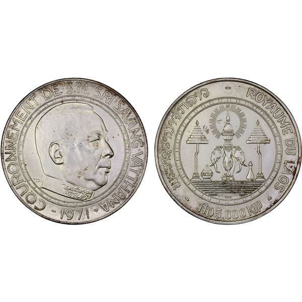 LAOS: Savang Vatthana, 1959-1975, AR 5,000 kip, 1971, UNC