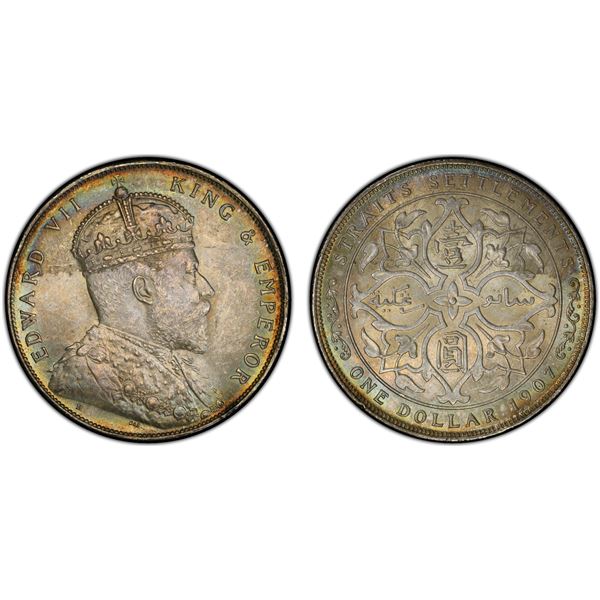 STRAITS SETTLEMENTS: Edward VII, 1901-1910, AR dollar, 1907-H, PCGS MS63