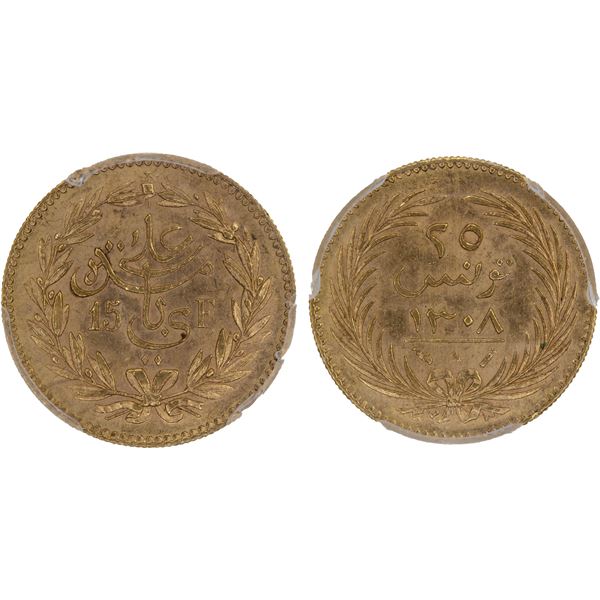 TUNISIA: Ali III, 1882-1902, AV 15 francs / 25 piastres, AH1308 (1891), PCGS MS64