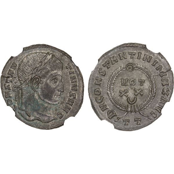ROMAN EMPIRE: Constantine I, 307-337 AD, silvered AE nummus, Ticinum, 322-325 AD, NGC Mint State