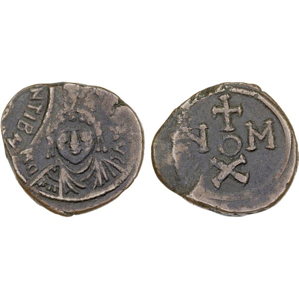 BYZANTINE EMPIRE: Maurice Tiberius, 582-602, AE decanummium (4.11g), Carthage, 582-583, Choice VF