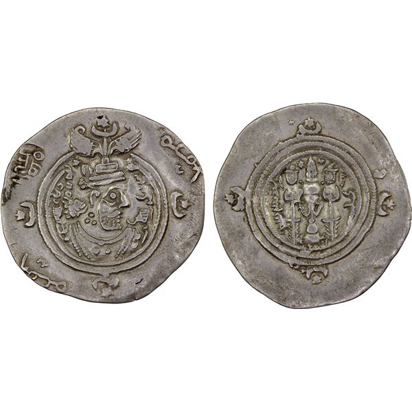 WESTERN TURKS: based on Sasanian: Khusro II, 591-628, AR drachm (4.00g), LD (Rayy), year 26, VF