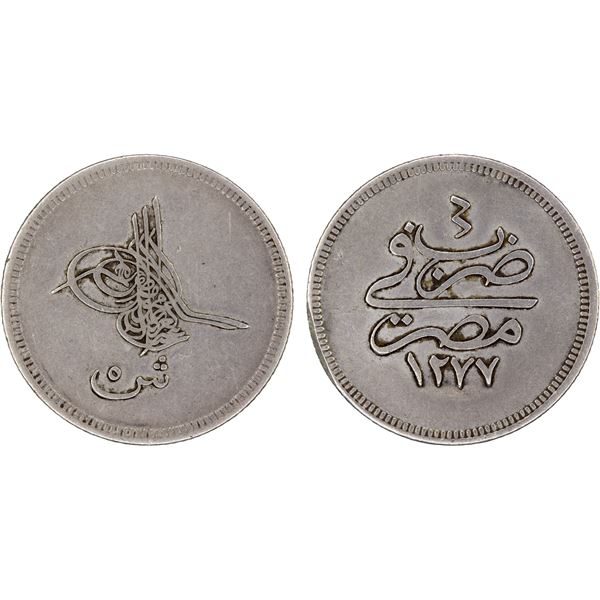 EGYPT: Abdul Aziz, 1861-1876, AR 5 qirsh, Misr, AH1277 year 4, VF