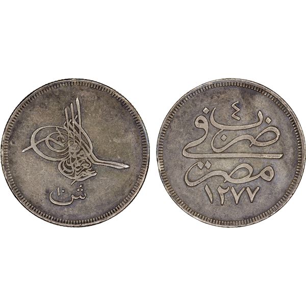 EGYPT: Abdul Aziz, 1861-1876, AR 10 qirsh, Misr, AH1277 year 4, VF