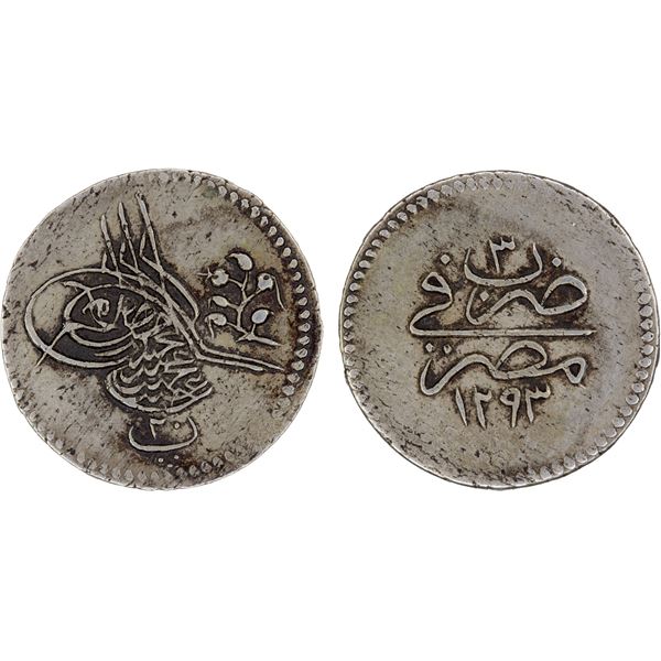 EGYPT: Abdul Hamid II, 1876-1909, AR 20 para, Misr, AH1293 year 3, choice XF