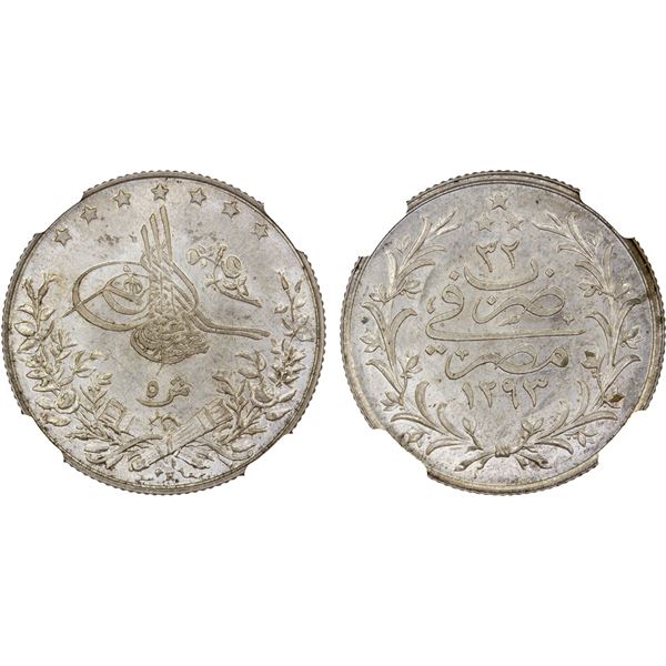 EGYPT: Abdul Hamid II, 1876-1909, AR 5 qirsh, AH1293-H year 32, NGC MS62