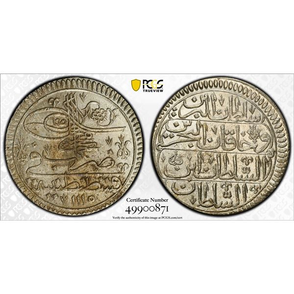TURKEY: Ahmed III, 1703-1730, AR yirmilik, Kostantiniye, AH1115 (1703), PCGS MS63