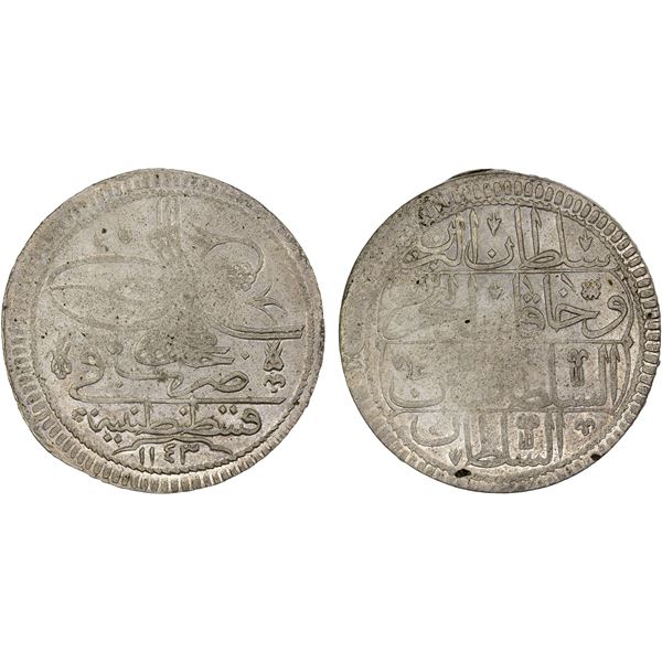 TURKEY: Mahmud I, 1730-1754, AR kurush (23.74g), Kostantiniye, AH1143 (1730), XF-AU