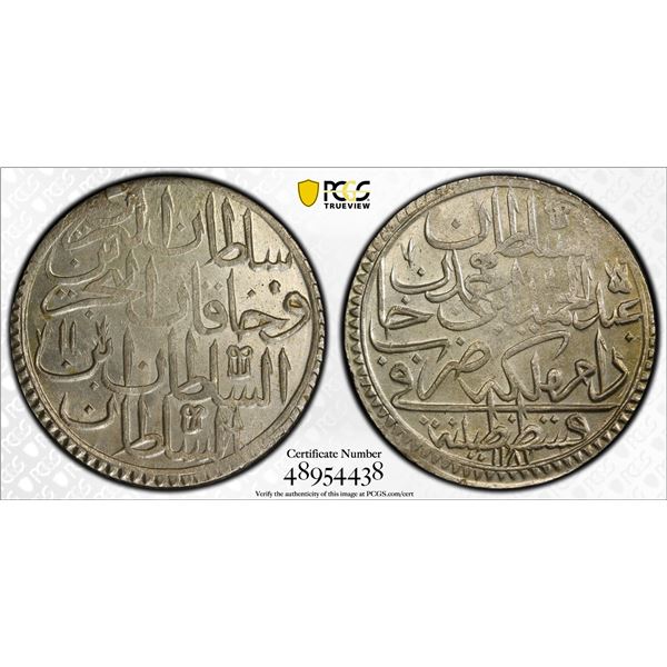 TURKEY: Abdul Hamid I, 1774-1789, AR 2 zolota (altmislik), Kostantiniye, AH1187 year 11, PCGS MS63