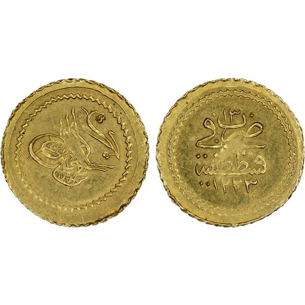 TURKEY: Mahmud II, 1808-1839, AV rubiye (0.80g), Kostantiniye, AH1223 year 13, UNC