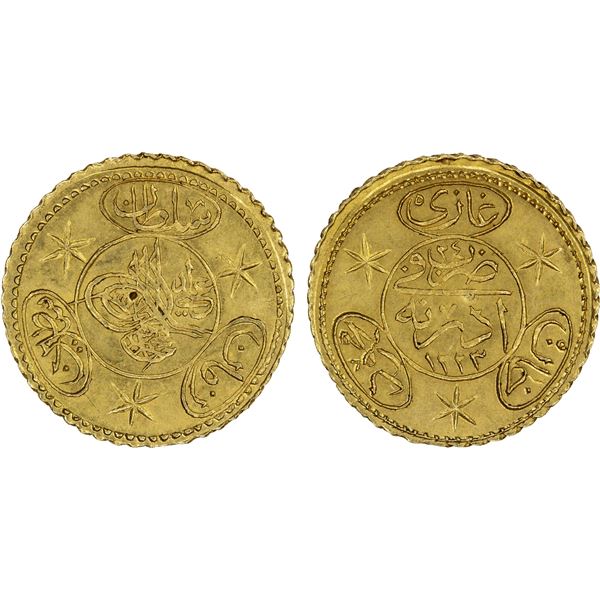 TURKEY: Mahmud II, 1808-1839, AV 1/2 hayriye altin (0.89g), Kostantiniye, AH1223 year 24, UNC