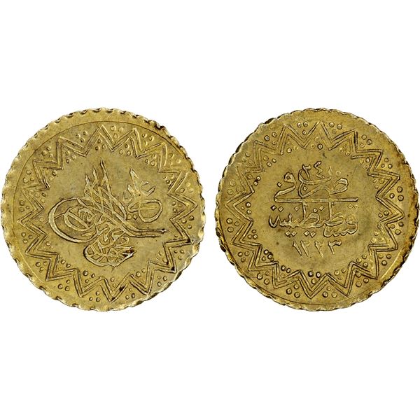 TURKEY: Mahmud II, 1808-1839, AV 1/4 yeni altin (0.39g), Kostantiniye, AH1223 year 24, UNC
