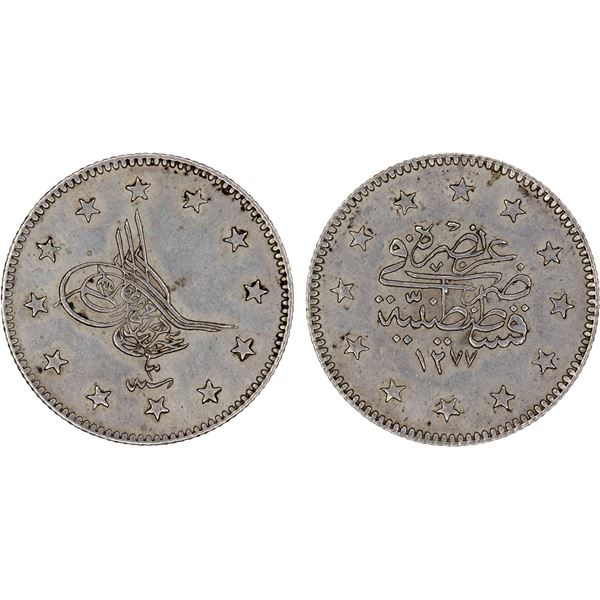 TURKEY: Abdul Aziz, 1861-1876, AR 2 kurush, AH1277 year 3, XF-AU