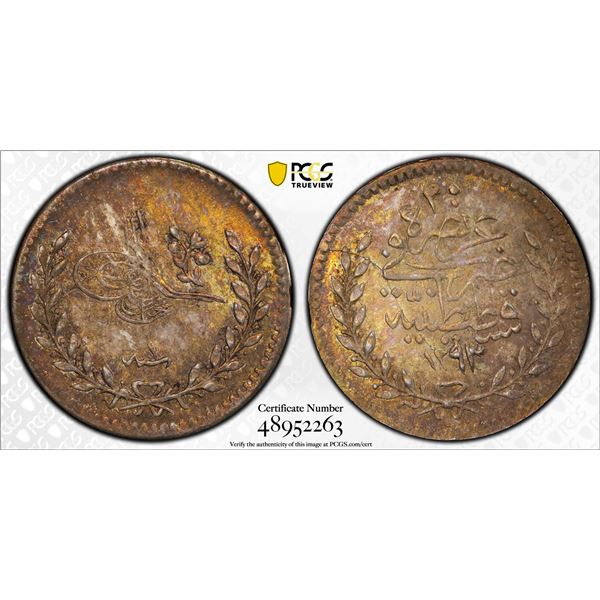 TURKEY: Abdul Hamid II, 1876-1909, AR 20 para, Kostantiniye, AH1293 year 1, PCGS MS62
