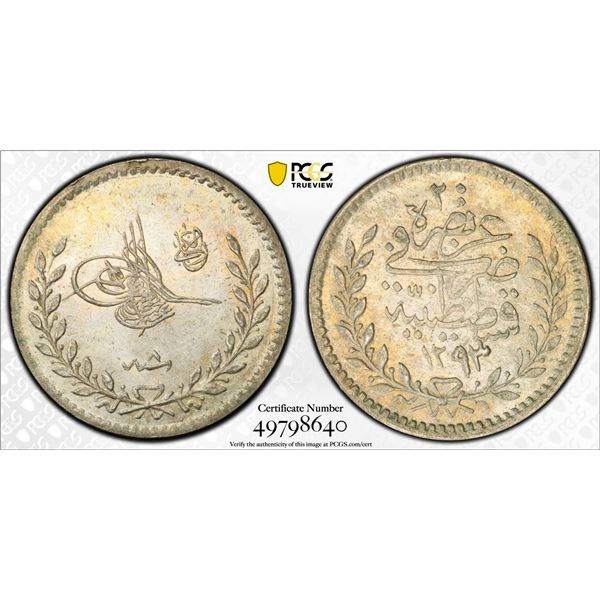 TURKEY: Abdul Hamid II, 1876-1909, AR 20 para, Kostantiniye, AH1293 year 8 (1883), PCGS MS65