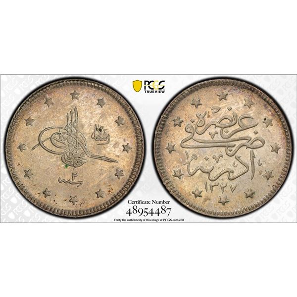 TURKEY: Mehmet V, 1909-1918, AR 2 kurush, Manastir, AH1327 year 3, PCGS MS63