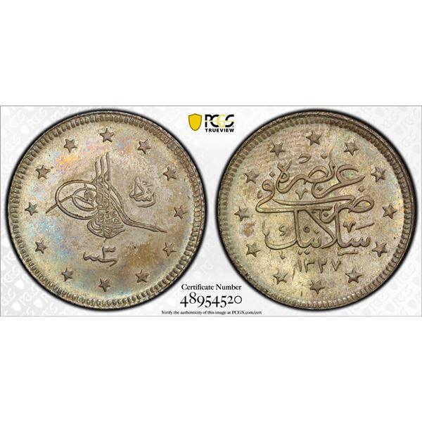 TURKEY: Mehmet V, 1909-1918, AR 2 kurush, Salanik, AH1327 year 3, PCGS MS64
