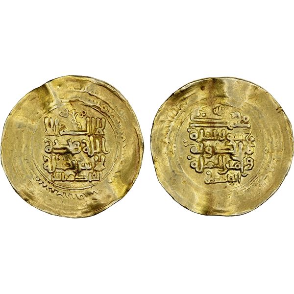 GHAZNAVID: Mahmud, 999-1030, AV dinar (4.13g), Ghazna, blundered date, VF