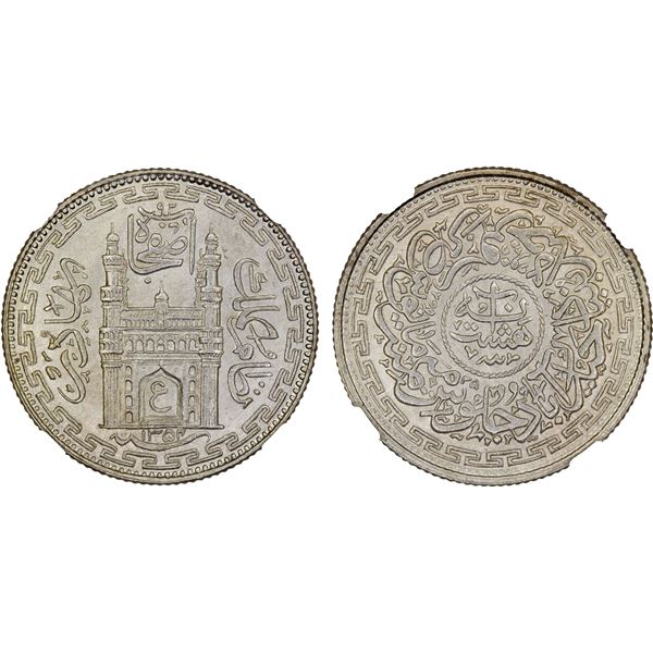 HYDERABAD: Mir Usman Ali Khan, 1911-1948, AR 8 annas, AH1354 year 25, NGC MS66