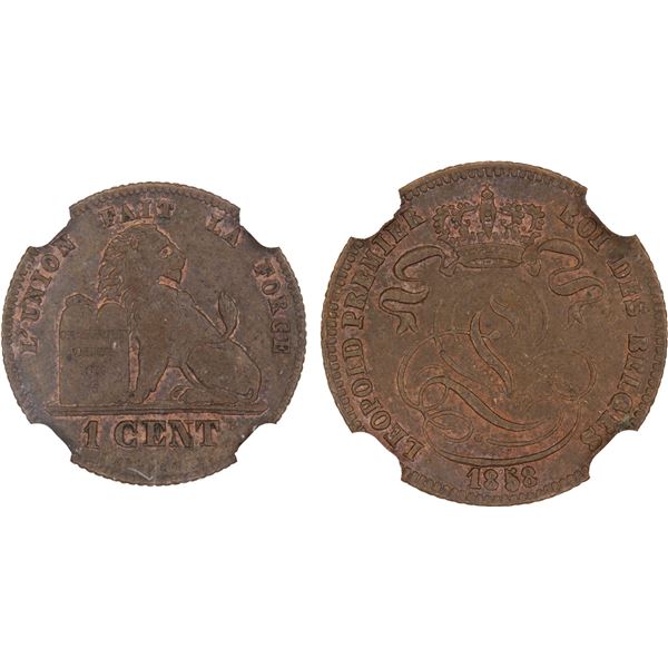 BELGIUM: Leopold I, 1831-1865, AE centime, 1858, NGC AU58 BN