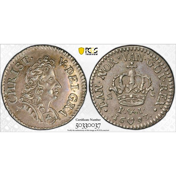 DENMARK: Christian V, 1670-1699, BI 2 skilling, 1693, PCGS AU58