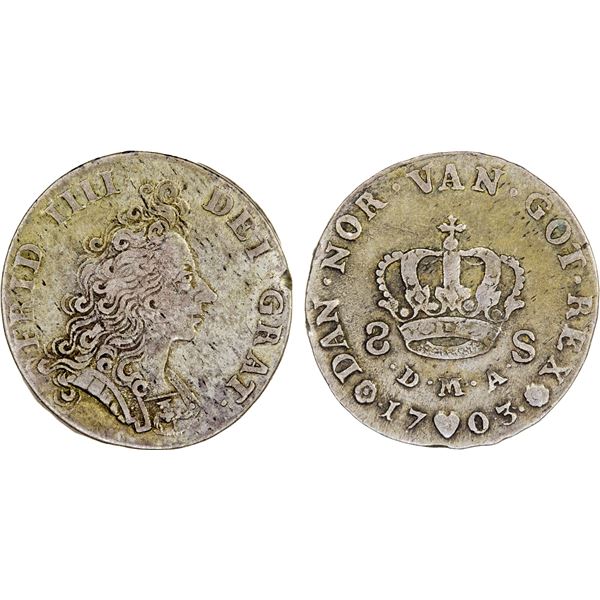 DENMARK: Frederick IV, 1699-1730, AR 8 skilling, 1703, F-VF