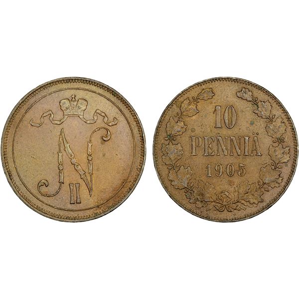 FINLAND: Nicholas II, Grand Duke, 1894-1917, AE 10 penniä, 1905, Choice XF